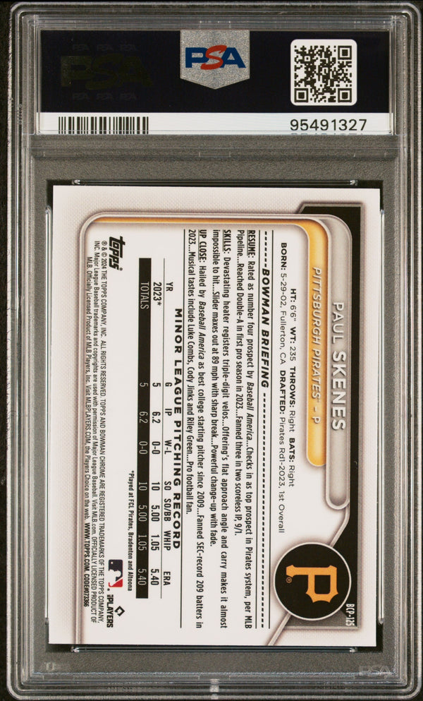 Graded 2024 Topps Bowman Mega Box Paul Skenes #125 Chrome Prospects Rookie RC Baseball Card PSA 10 Gem Mint