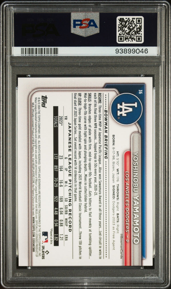 Graded 2024 Topps Bowman Yoshinobu Yamamoto #36 Rookie RC Baseball Card PSA 10 Gem Mint