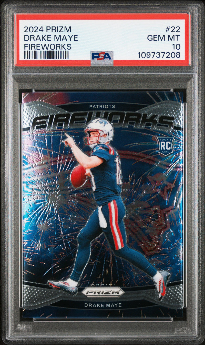 Graded 2024 Panini Prizm Drake Maye #22 Fireworks Rookie RC Football Card PSA 10 Gem Mint