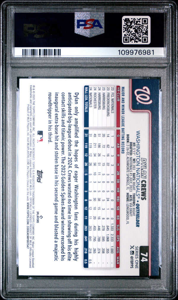 Graded 2025 Topps Dylan Crews #74 Rookie RC Baseball Card PSA 10 Gem Mint