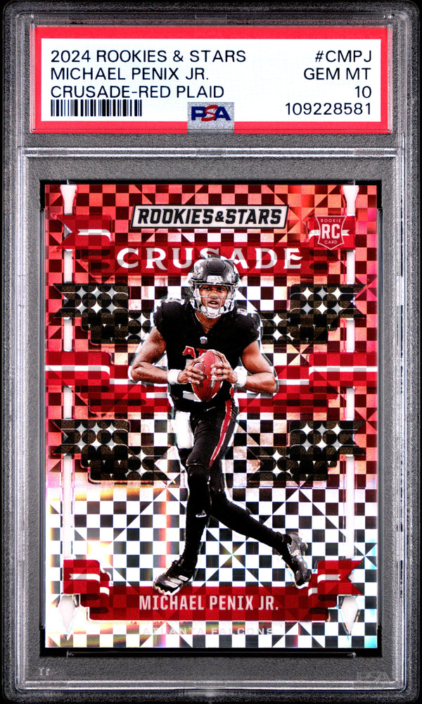 Graded 2024 Panini Rookies & Stars Michael Penix Jr #CMPJ Crusade Red Plaid Rookie RC Football Card PSA 10 Gem Mint