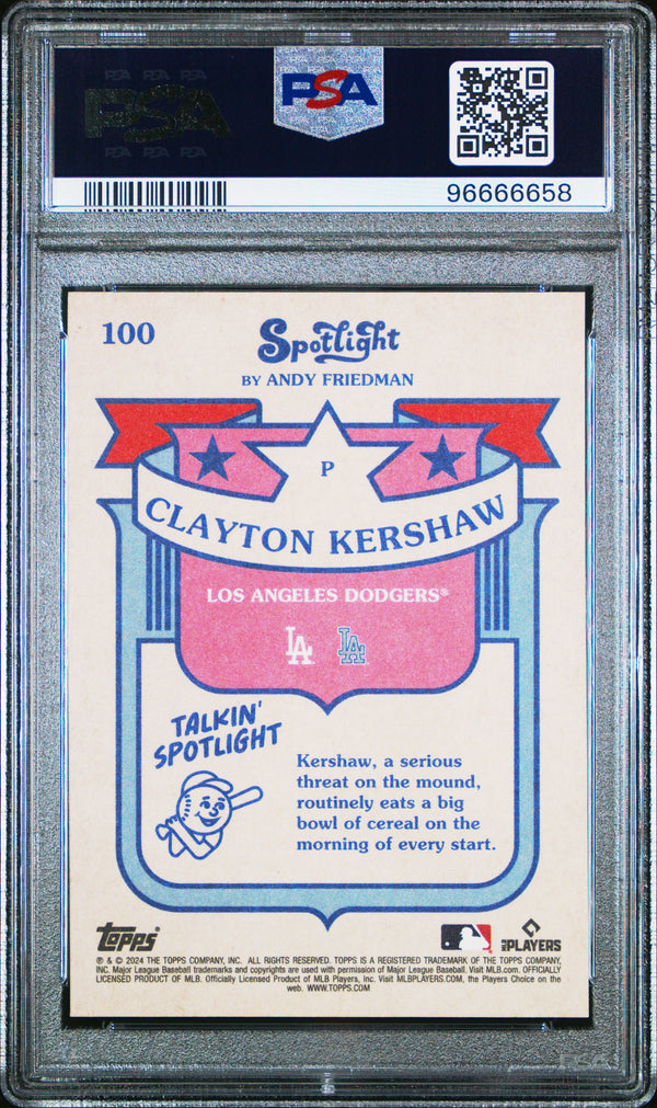 Graded 2024 Topps Spotlight Clayton Kershaw #100 Baseball Card PSA 10 Gem Mint