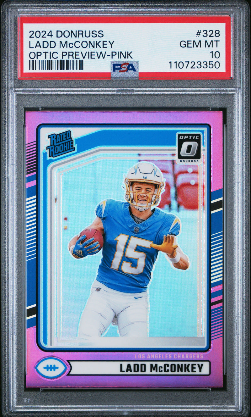 Graded 2024 Panini Donruss Ladd McConkey #329 Optic Preview Pink Rookie RC Football Card PSA 10 Gem Mint