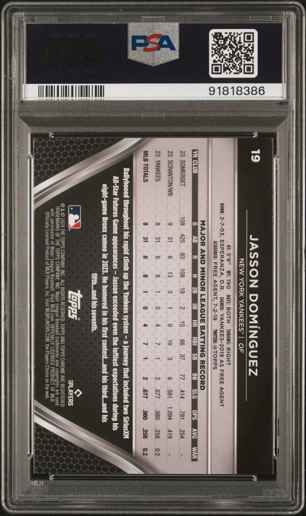 Graded 2024 Topps Chrome Black Jasson Dominguez #19 Rookie RC Baseball Card PSA 10 Gem Mint
