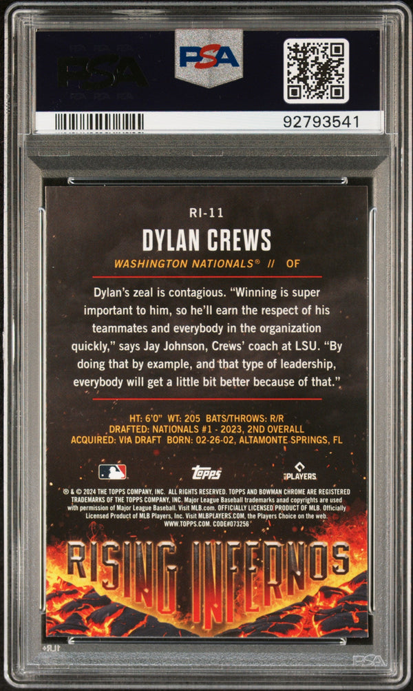 Graded 2024 Topps Bowman Dylan Crews #RI11 Rising Infernos Rookie RC Baseball Card PSA 10 Gem Mint