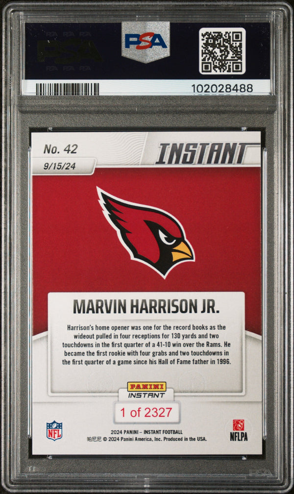 Graded 2024 Panini Instant NFL Marvin Harrison Jr #42 Rookie RC Football Card PSA 10 Gem Mint