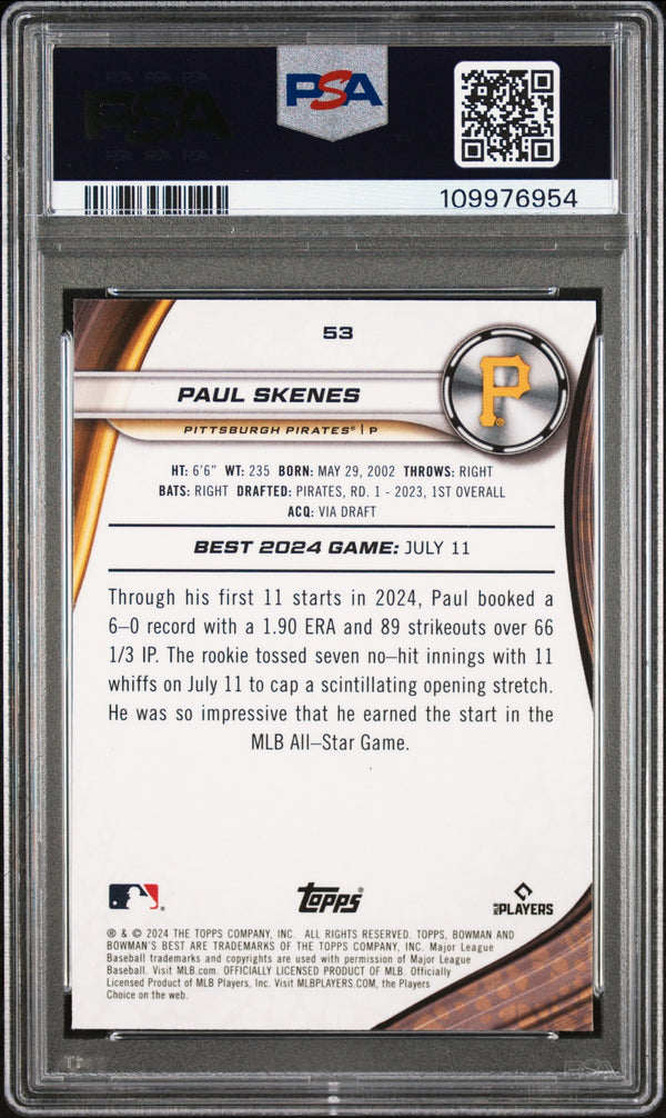 Graded 2024 Topps Bowmans Best Paul Skenes #53 Rookie RC Baseball Card PSA 9 Mint