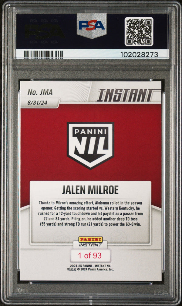 Graded 2024 Panini Instant NIL Jalen Milroe #JMA Rookie RC Football Card PSA 9 Mint