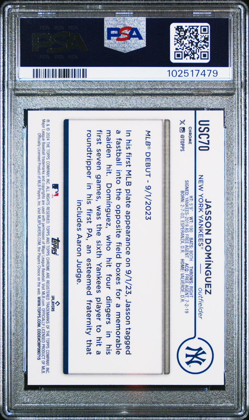 Graded 2024 Topps Chrome Update Jasson Dominguez #USC70 Rookie RC Baseball Card PSA 10 Gem Mint
