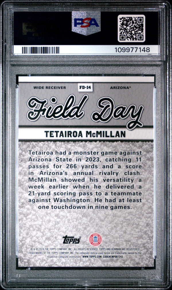Graded 2024 Topps Bowman Best University Tetairoa McMillan #FD14 Field Day Rookie RC Football Card PSA 10 Gem Mint