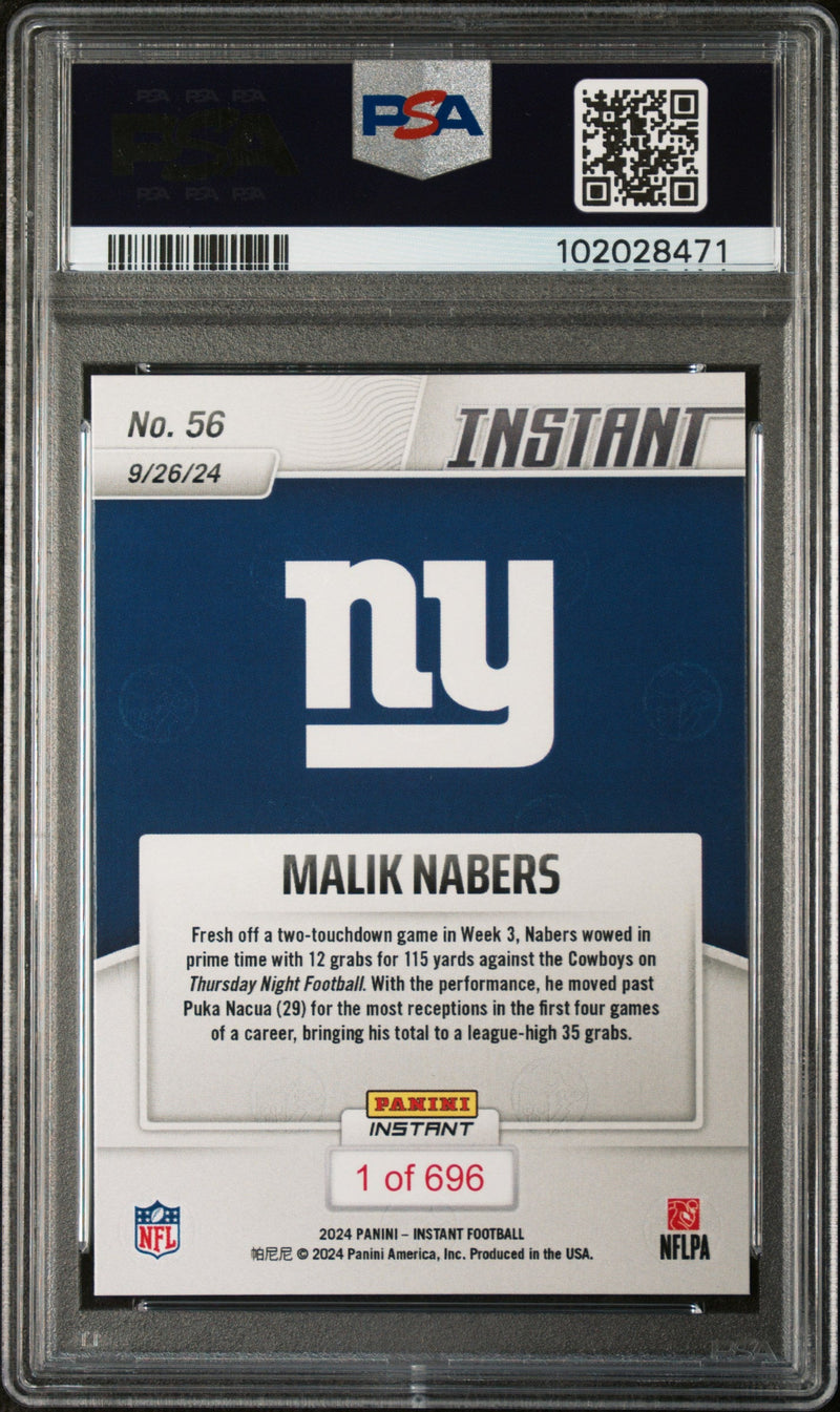 Graded 2024 Panini Instant NFL Malik Nabers #56 Rookie RC Football Card PSA 9 Mint