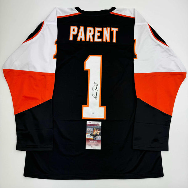 Autographed/Signed Bernie Parent Philadelphia Black Hockey Jersey JSA COA