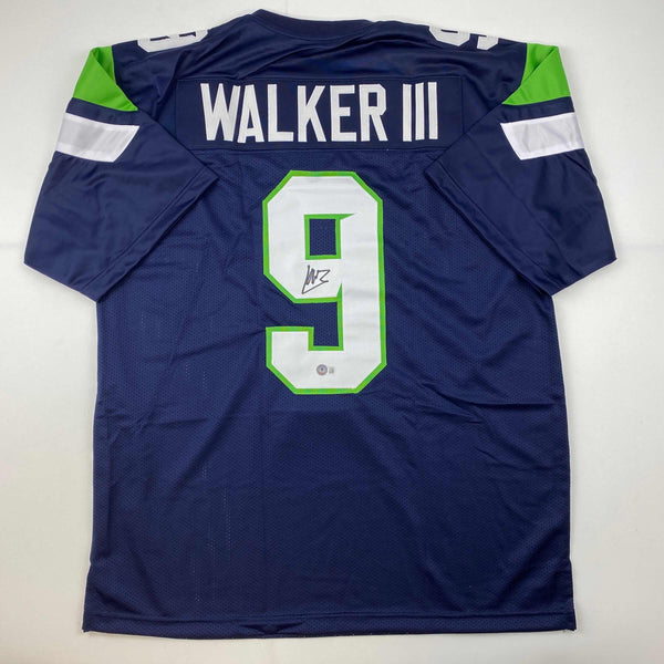 Autographed/Signed Kenneth Walker Seattle Blue Football Jersey Beckett BAS COA #2