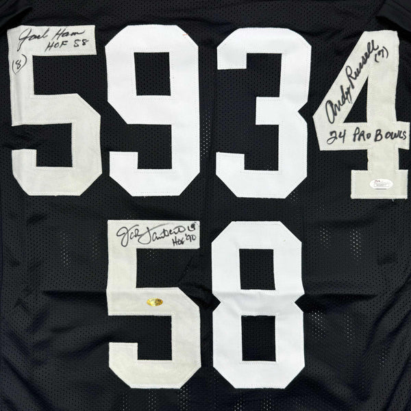 Autographed/Signed Jack Ham, Jack Lambert, and Andy Russell Inscribed "24 Pro Bowls", "HOF 88" & "HOF 90" Pittsburgh Black Football Jersey JSA COA