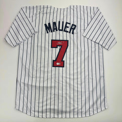 Autographed/Signed Joe Mauer Minnesota Pinstripe Baseball Jersey Beckett BAS COA