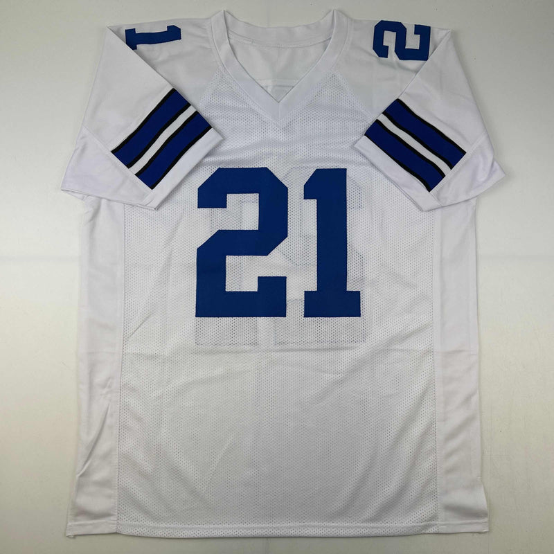 Autographed/Signed Deion Sanders Dallas White Football Jersey Beckett BAS COA