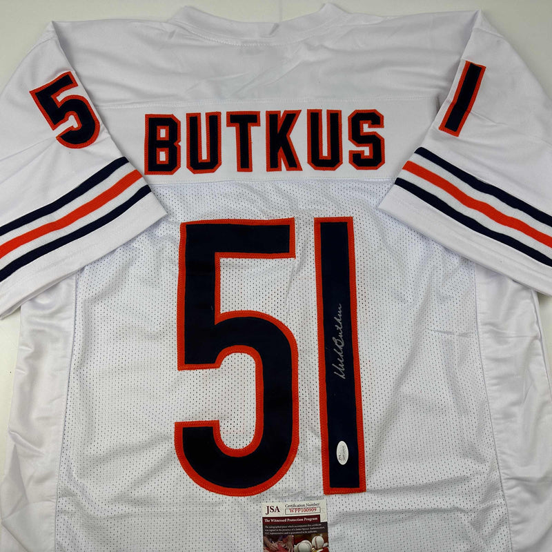 Autographed/Signed Dick Butkus Chicago White Football Jersey JSA COA