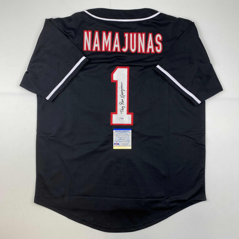 Autographed/Signed Thug Rose Namajunas UFC MMA Black Ultimate Fighting Jersey Shirt PSA/DNA COA