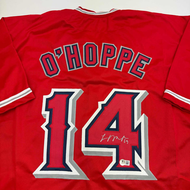 Autographed/Signed Logan O'Hoppe Los Angeles LA Anaheim Red Baseball Jersey Beckett BAS COA
