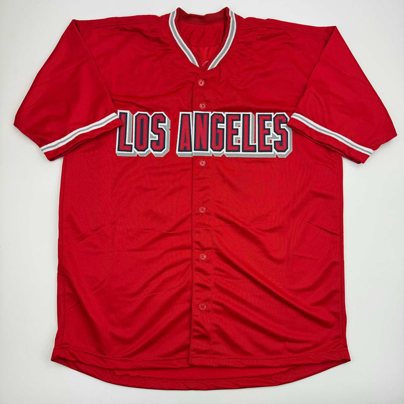 Autographed/Signed Logan O'Hoppe Los Angeles LA Anaheim Red Baseball Jersey Beckett BAS COA