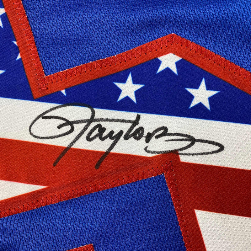 Autographed/Signed Lawrence Taylor New York Blue USA American Flag Football Jersey Beckett BAS COA