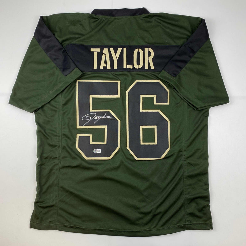 Autographed/Signed Lawrence Taylor New York Green Salute To Service Football Jersey Beckett BAS COA