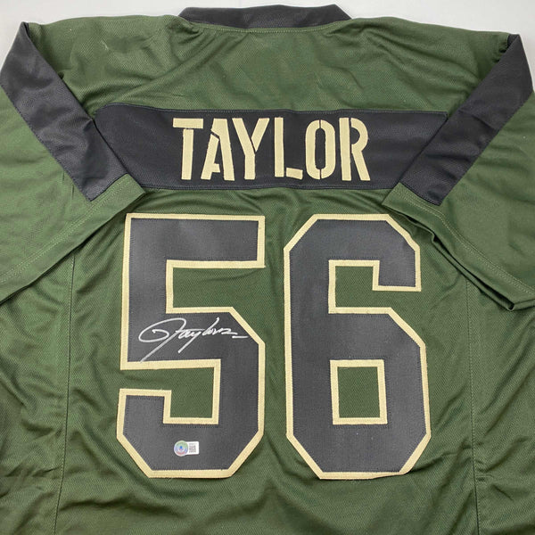 Autographed/Signed Lawrence Taylor New York Green Salute To Service Football Jersey Beckett BAS COA