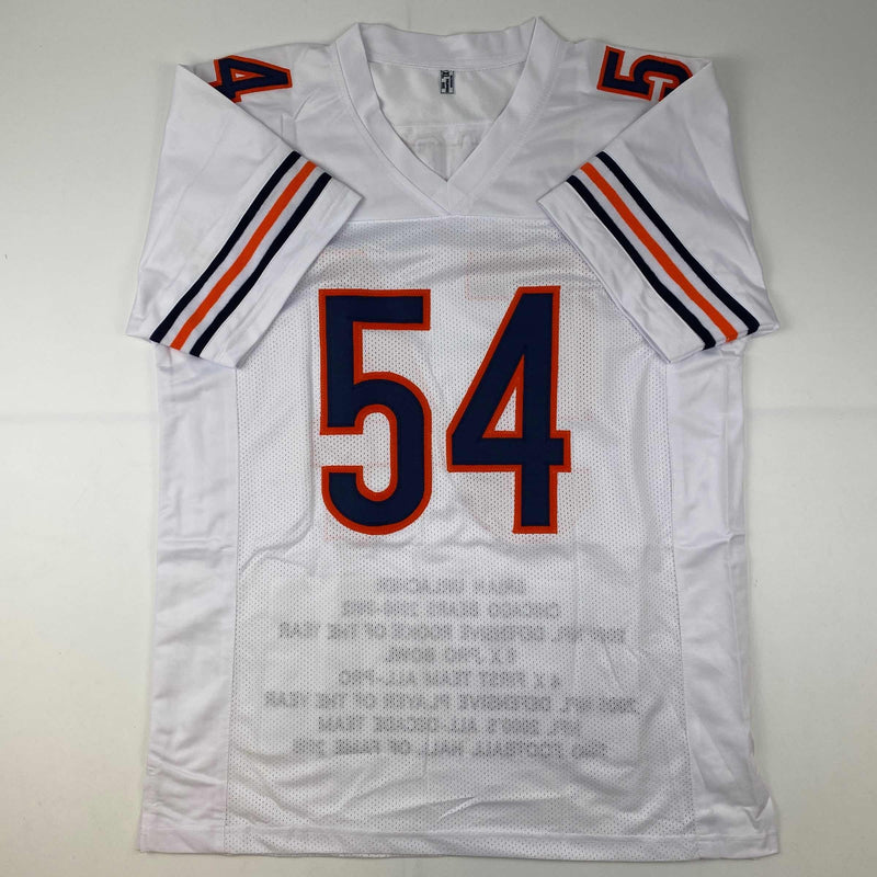 Autographed/Signed Brian Urlacher HOF 18 Chicago White Stat Football Jersey Beckett BAS COA