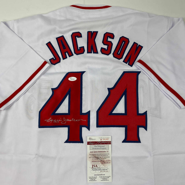 Autographed/Signed Reggie Jackson California Los Angeles White Baseball Jersey JSA COA
