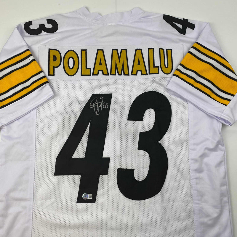 Autographed/Signed Troy Polamalu Pittsburgh White Football Jersey Beckett BAS COA