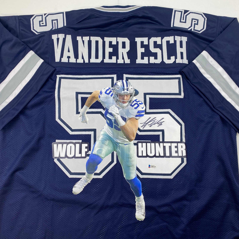 Autographed/Signed Leighton Vander Esch Dallas Blue Portrait Football Jersey Beckett BAS COA