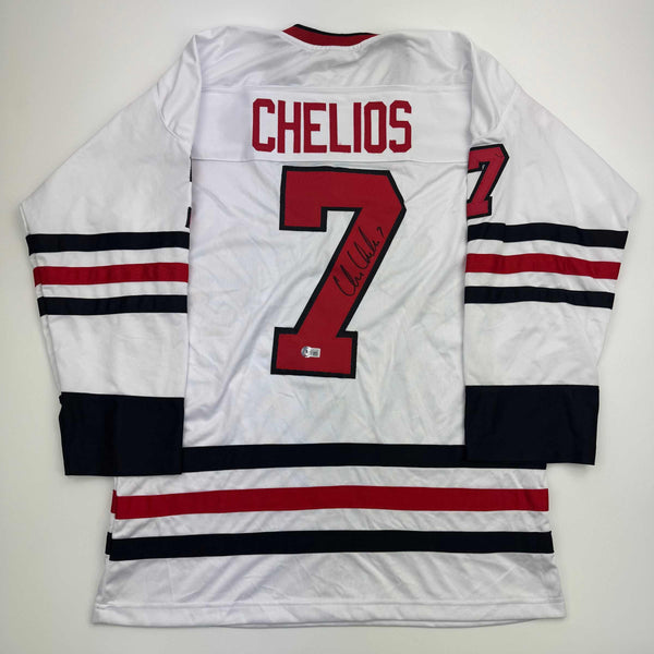 Autographed/Signed Chris Chelios Chicago White Hockey Jersey Beckett BAS COA