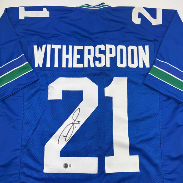 Autographed/Signed Devon Witherspoon Seattle Blue Retro Football Jersey Beckett BAS COA