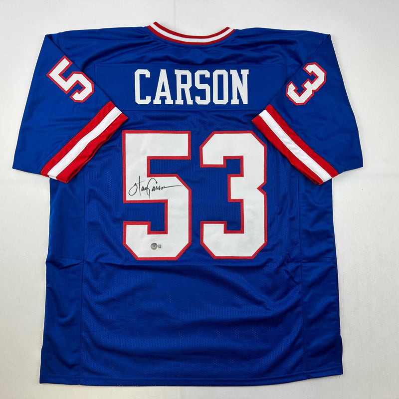 Autographed/Signed Harry Carson New York Blue Football Jersey Beckett BAS COA
