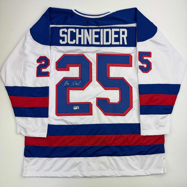 Autographed/Signed Buzz Schneider White Team USA Miracle On Ice 1980 Olympics Hockey Jersey Beckett BAS COA
