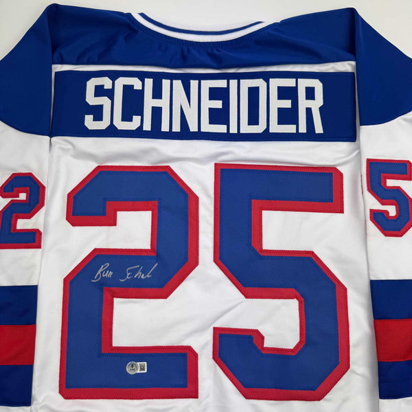 Autographed/Signed Buzz Schneider White Team USA Miracle On Ice 1980 Olympics Hockey Jersey Beckett BAS COA