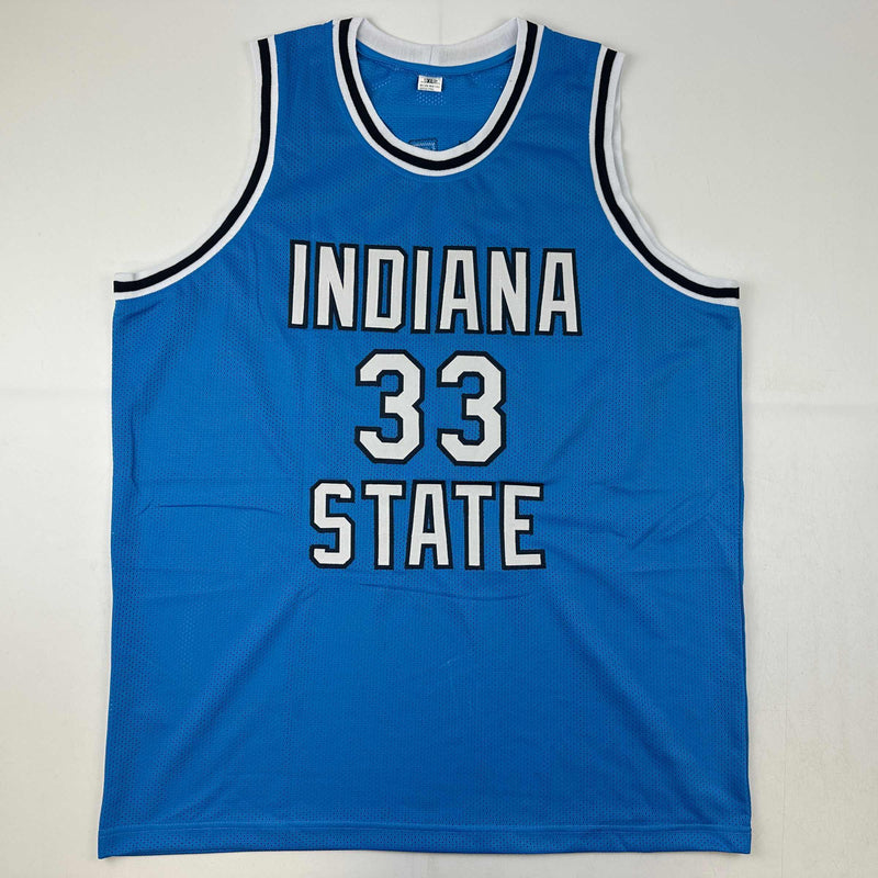 Autographed/Signed Larry Bird Indiana State Blue College Basketball Jersey JSA COA