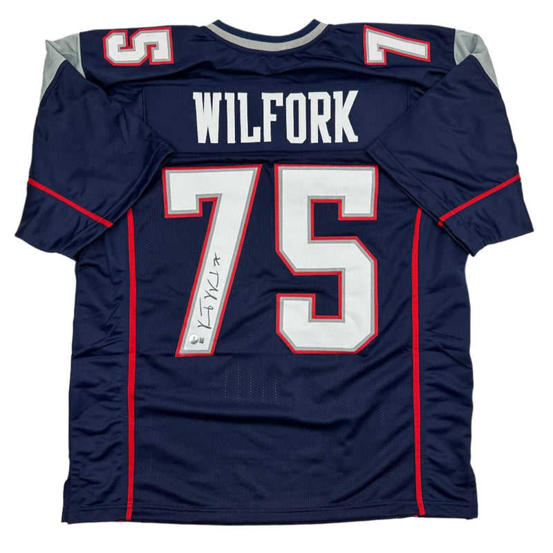 Autographed/Signed Vince Wilfork New England Blue Football Jersey Beckett BAS COA