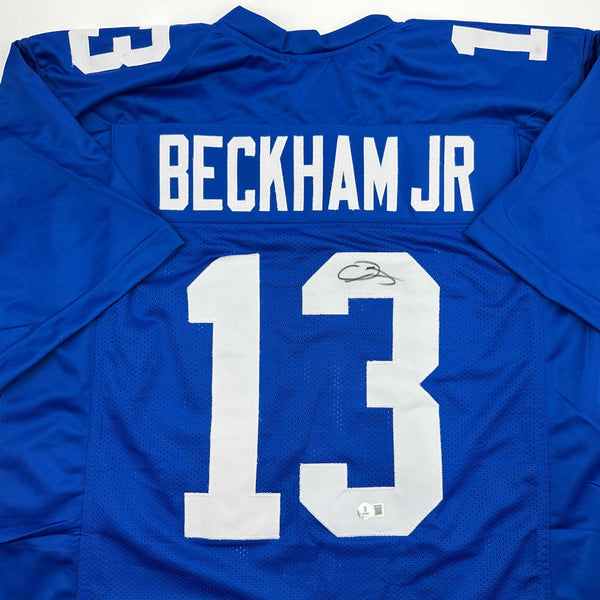 Autographed/Signed Odell Beckham Jr. New York Blue Football Jersey Beckett BAS COA