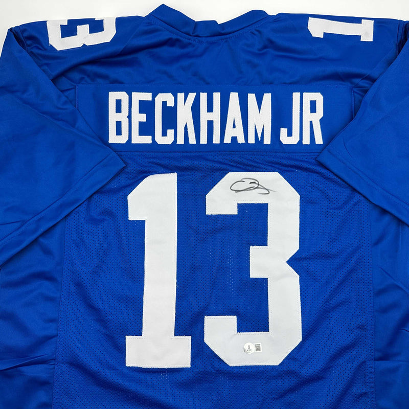Autographed/Signed Odell Beckham Jr. New York Blue Football Jersey Beckett BAS COA