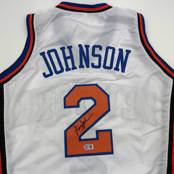 Autographed/Signed Larry Johnson New York White Basketball Jersey Beckett BAS COA