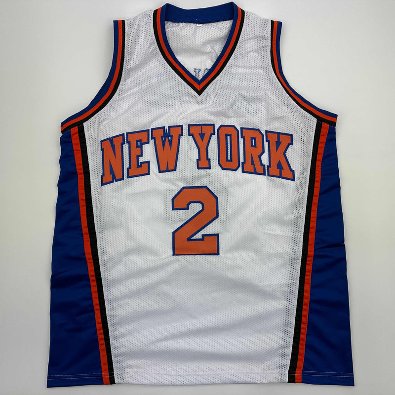 Autographed/Signed Larry Johnson New York White Basketball Jersey Beckett BAS COA