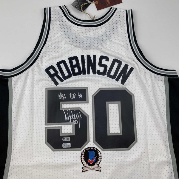Autographed/Signed David Robinson NBA Top 50 San Antonio Spurs White Authentic M&N Basketball Jersey Beckett BAS COA