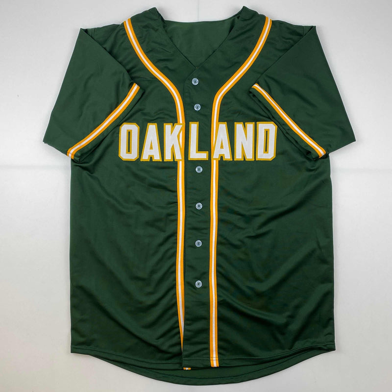 Autographed/Signed Rickey Henderson Oakland Green Baseball Jersey Beckett BAS COA