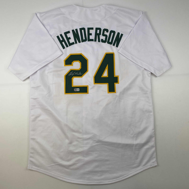 Autographed/Signed Rickey Henderson Oakland White Baseball Jersey Beckett BAS COA