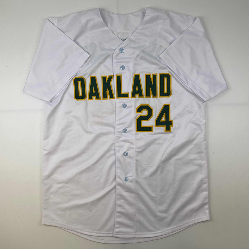 Autographed/Signed Rickey Henderson Oakland White Baseball Jersey Beckett BAS COA
