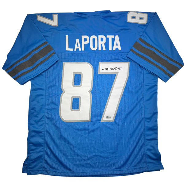 Autographed/Signed Sam LaPorta Detroit Blue Football Jersey Beckett BAS COA