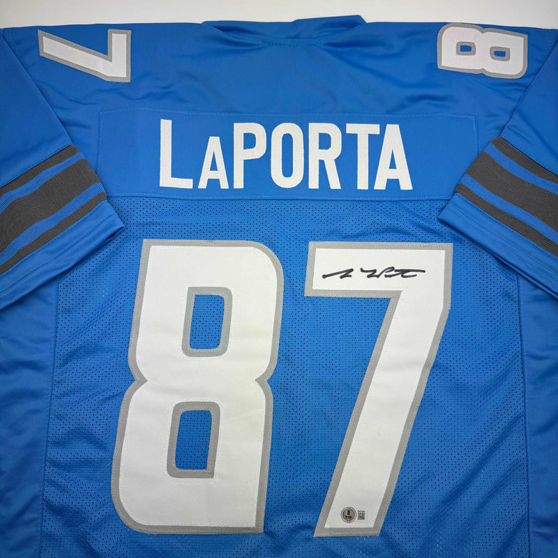 Autographed/Signed Sam LaPorta Detroit Blue Football Jersey Beckett BAS COA