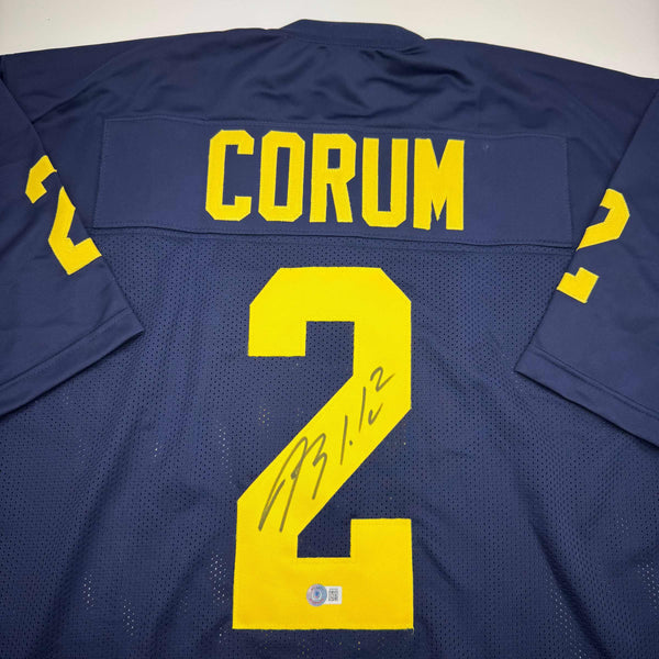 Autographed/Signed Blake Corum Michigan Blue Stat College Football Jersey Beckett BAS COA
