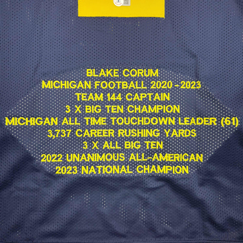Autographed/Signed Blake Corum Michigan Blue Stat College Football Jersey Beckett BAS COA
